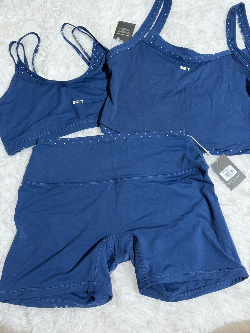 NWT Set Active XL / XXL Ferry Navy Blue Polka Dot Matching Set Shorts Sports Bra